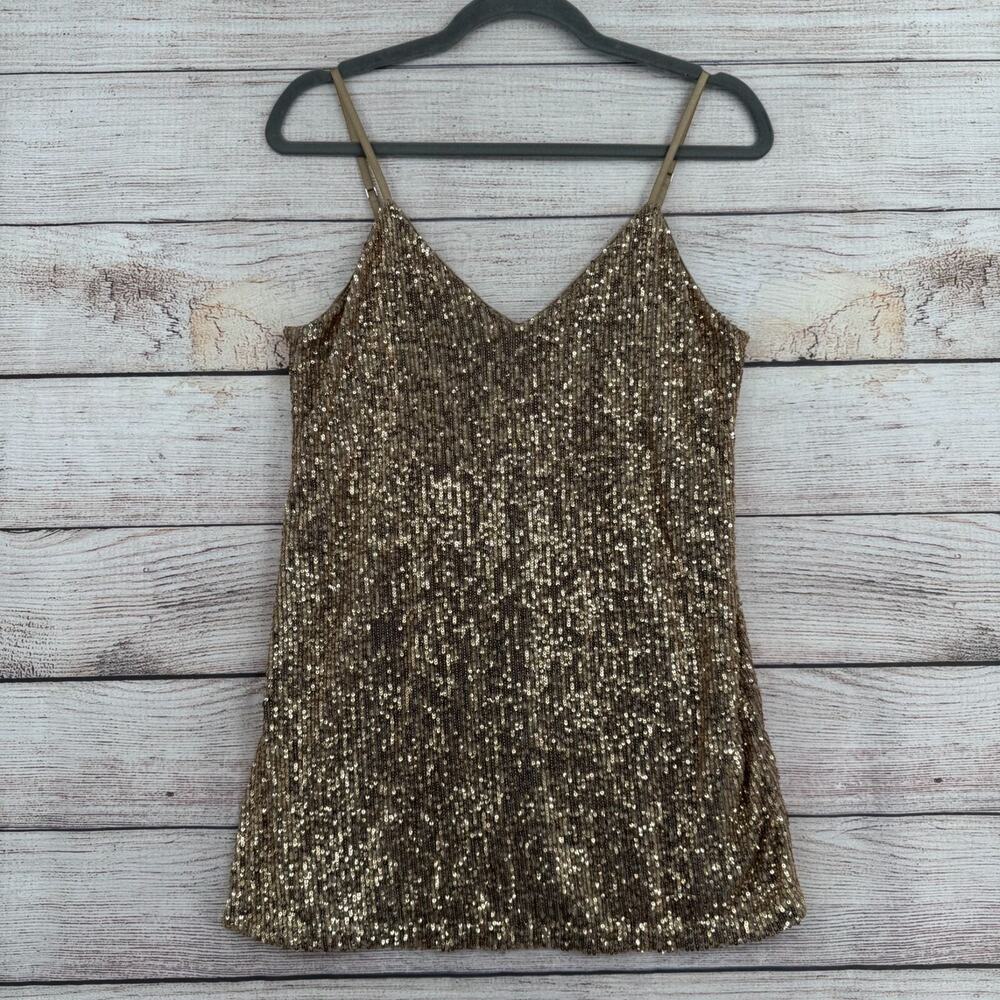Hugo Boss Sequined Side‎ Slit Tank Blouse Women's Size Medium Champagne Gold NEW